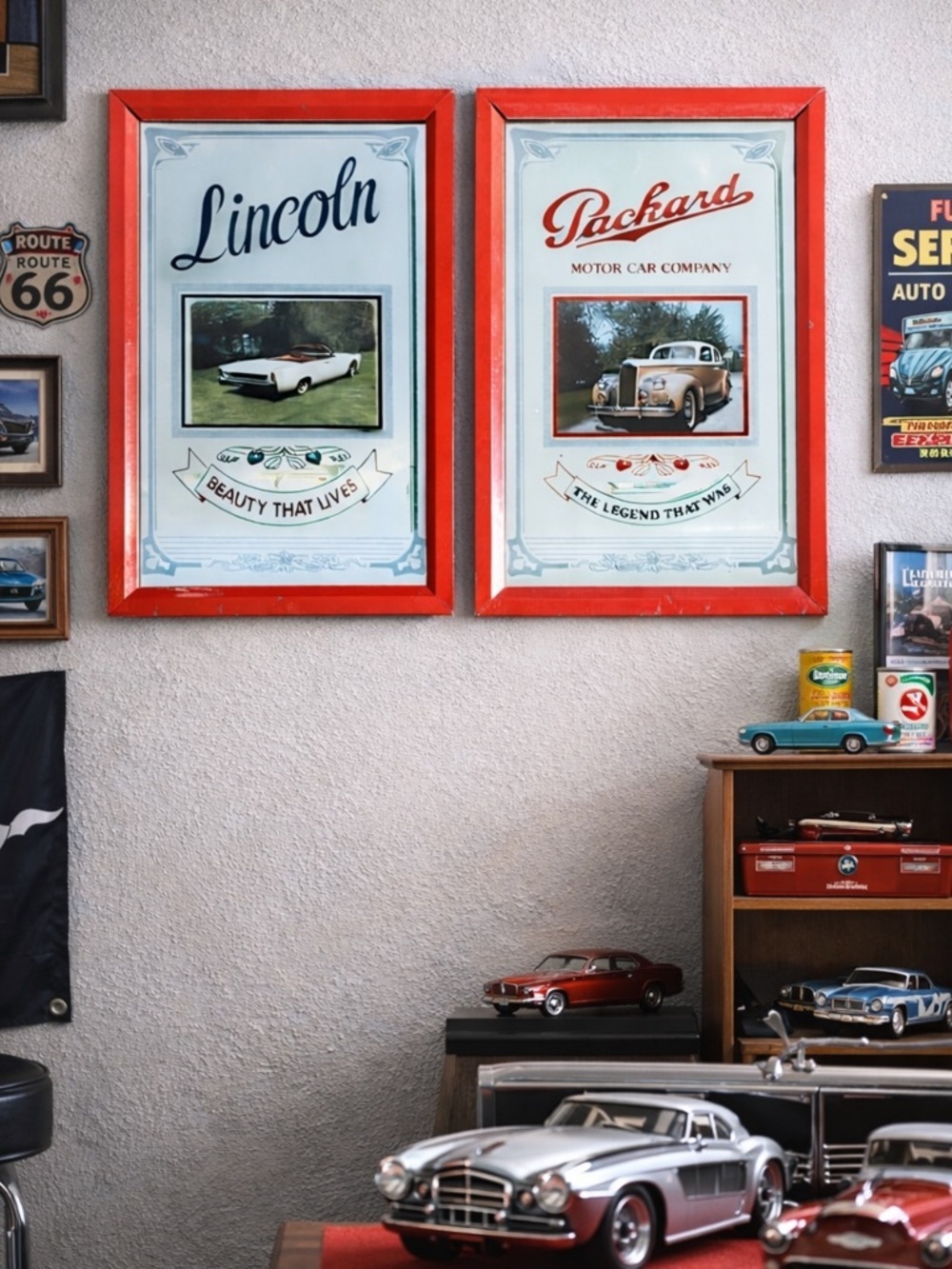 Vintage Mirrored Lincoln & Packard Motor Company Framed Car Ads